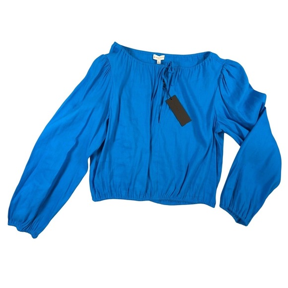 Gianni Bini Tops - Gianni Bini Blue Linen Blend Puff Sleeve Cropped Tie Front Blouse NWT Medium